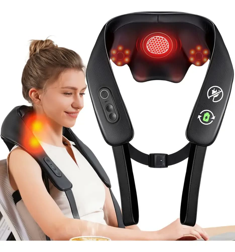 foto de Massageador de Pescoco Shiatsu 3d Com Aquecimento Para Cervical E Ombros Elétrico Sem Fio Knqze Preto