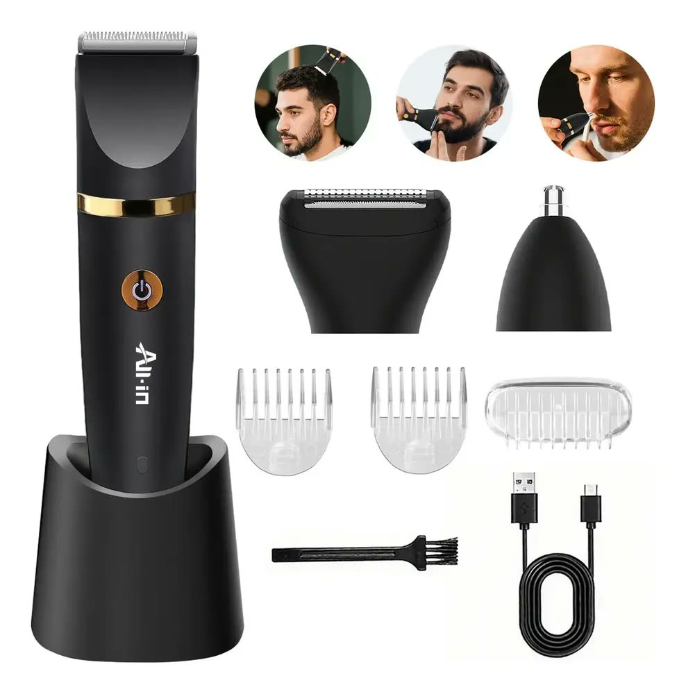 All-in Barbeador Eletrico Aparador de Pelos 3-em-1 Homen Shaver Aparelho de Barbear a prova da agua Nariz Barba Corpo Cabelo com Base B-0791BK