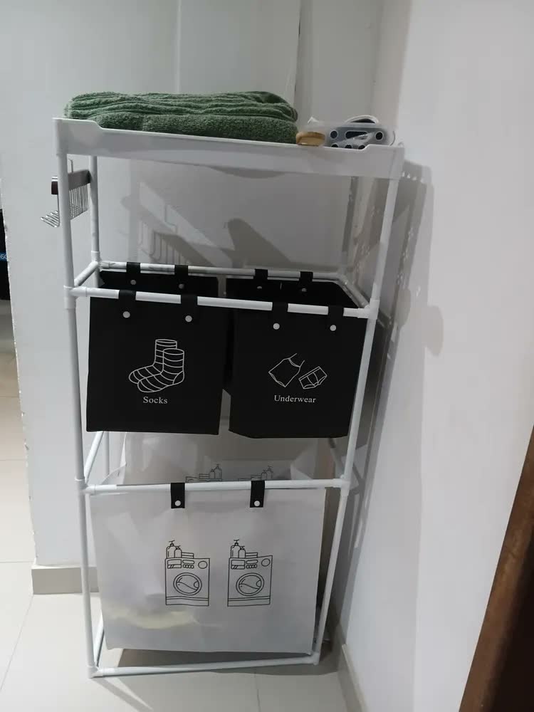 foto de Cesto Triplo de Roupas Sujas Dobrável Liso Branco 123x28x57cm Tecido