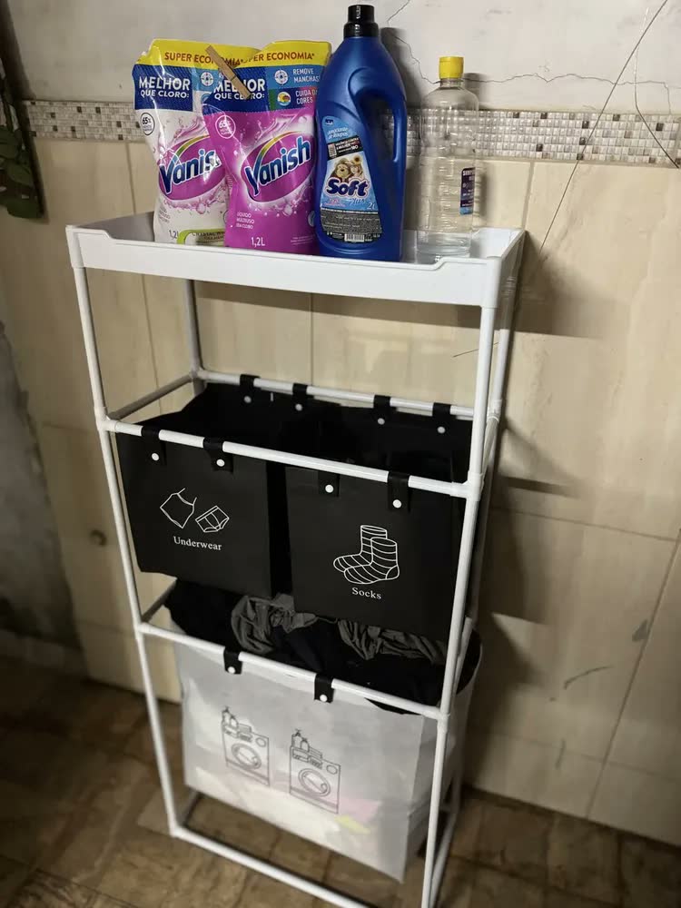 foto de Cesto Triplo de Roupas Sujas Dobrável Liso Branco 123x28x57cm Tecido