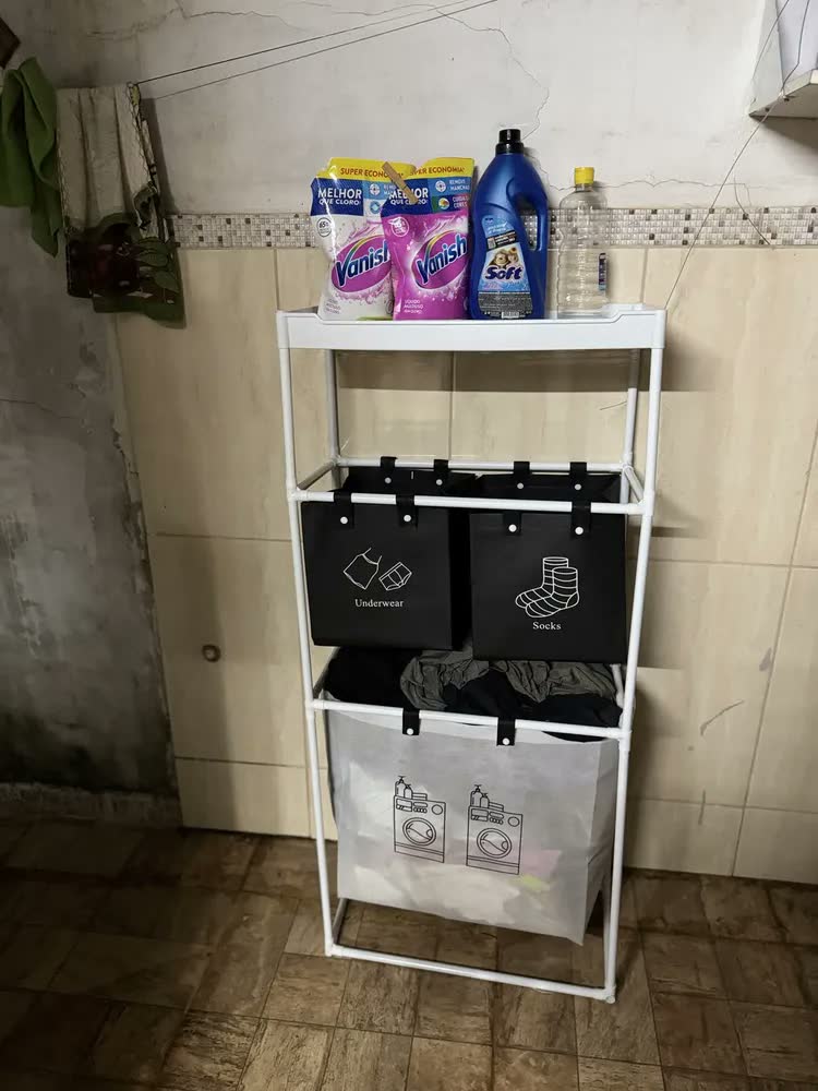 foto de Cesto Triplo de Roupas Sujas Dobrável Liso Branco 123x28x57cm Tecido