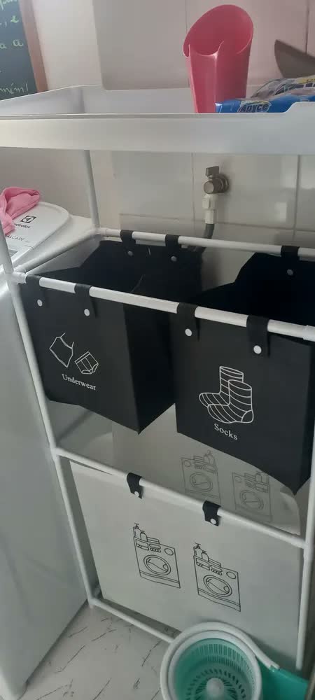 foto de Cesto Triplo de Roupas Sujas Dobrável Liso Branco 123x28x57cm Tecido