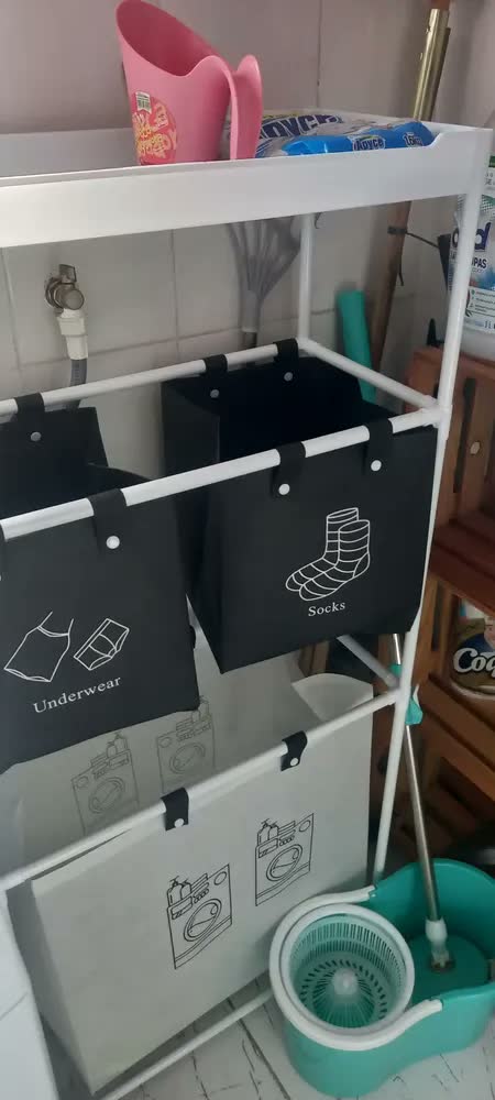 foto de Cesto Triplo de Roupas Sujas Dobrável Liso Branco 123x28x57cm Tecido