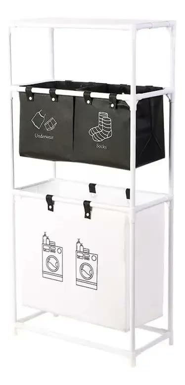 Cesto Triplo de Roupas Sujas Dobrável Liso Branco 123x28x57cm Tecido