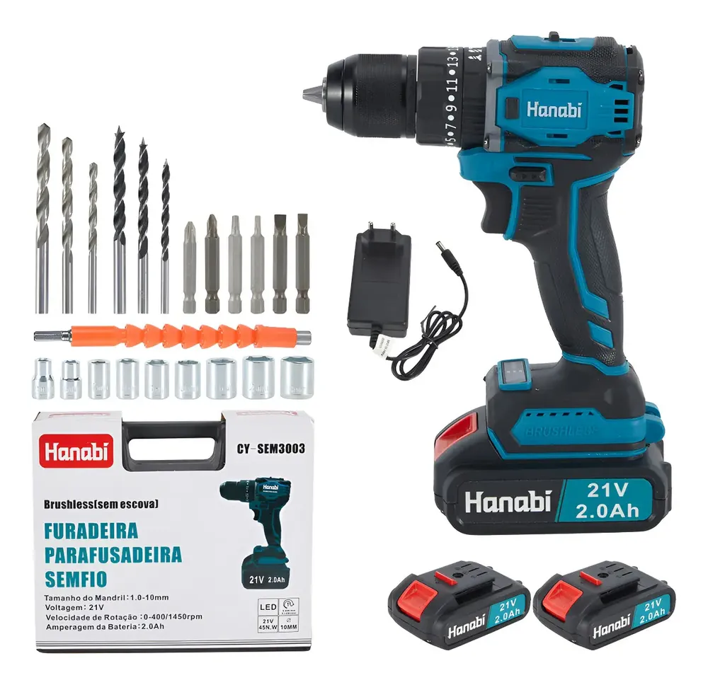 foto de Parafusadeira Furadeira de Impacto Hanabi Brushless Sem Escova 45NM 25 níveis de ajuste 21v 2 Baterias Sem Fio Frequência 60hz 110v/220v (bivolt) Bateria Pardrao Makita