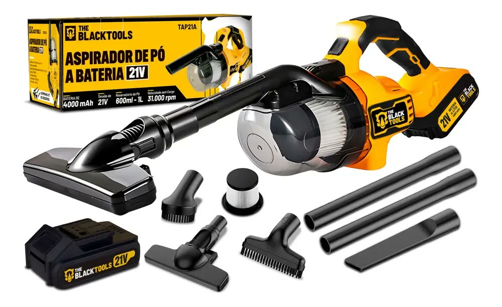 Aspirador De Pó Portátil Industrial Profissional Filtro Hepa Bateria 21v Acompanha 6 Acessórios Tap21a The Black Tools