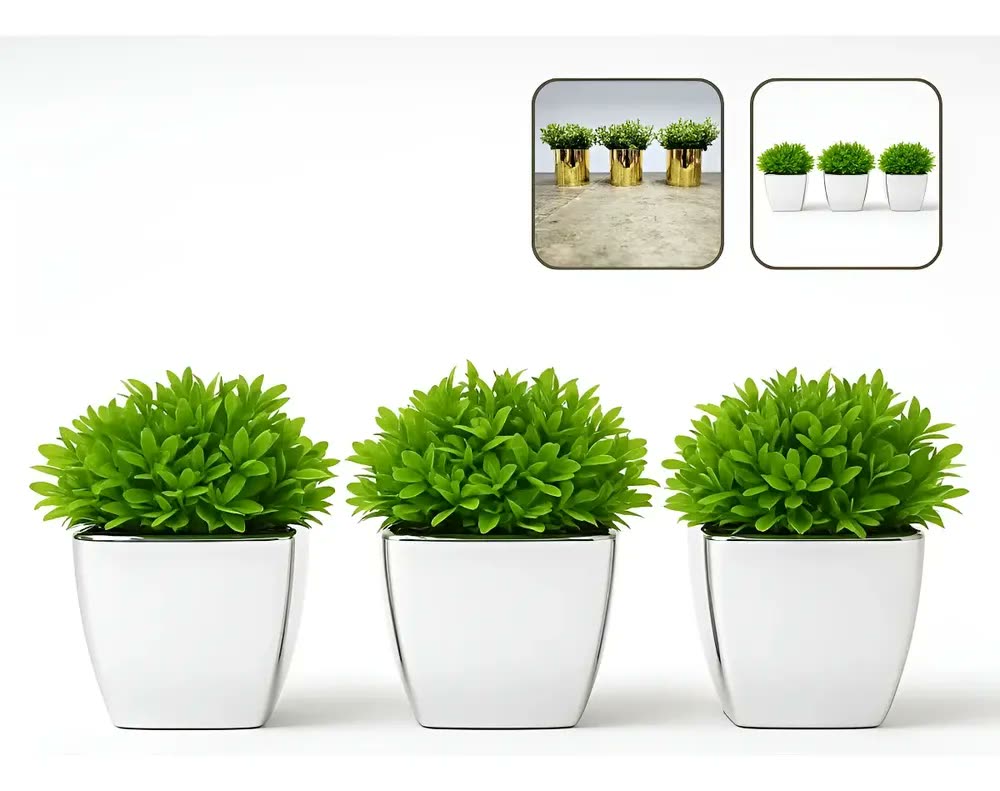 Decoração Sala Rack Kit 3 Vasinhos Com Planta Montado Cor Prata (l)