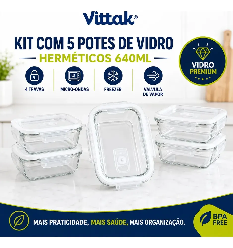 foto de Vittak Kit 5 Potes Vidro Hermético Transparente 640ml Tampa 4 Travas Marmita Microondas Freezer Porta Mantimentos