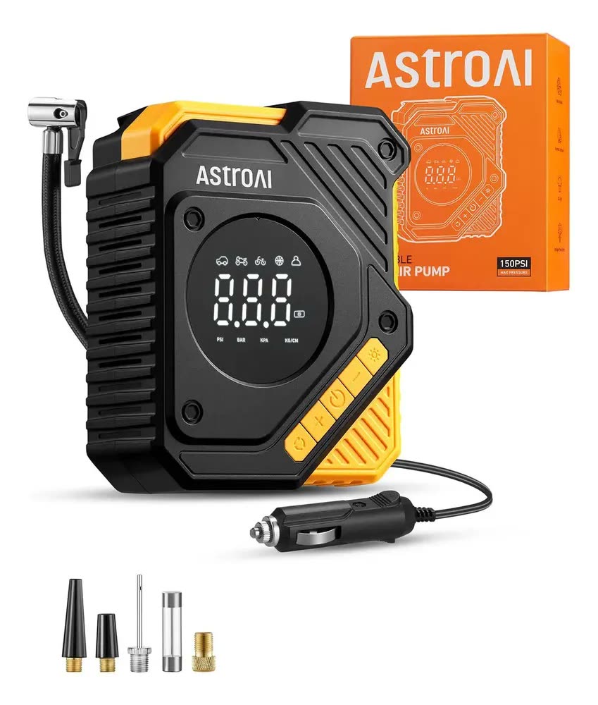 Compressor de ar para pneus de automóveis AstroAI 12V CC,bomba digital para pneus de 150PSI com manômetro,grande visor LCD,predefinição inteligente e parada automática,para pneus de automóveis