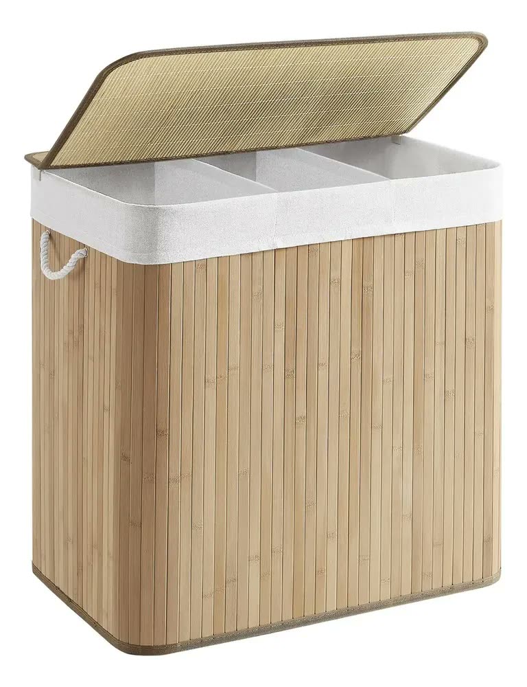foto de Cesto de roupa suja de 3 seções Songmics 150l com tampa de bambu