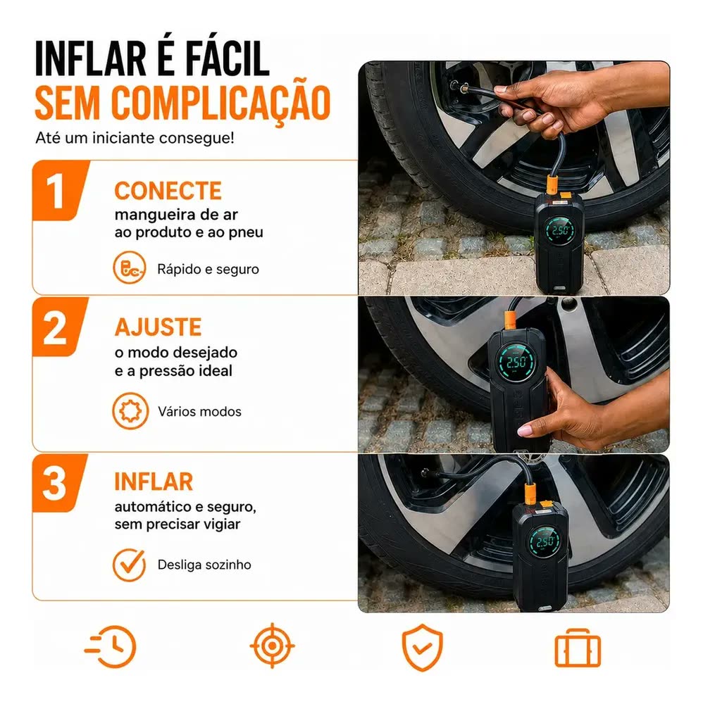 Mini Compressor de Ar Portátil 150 PSI Partida Auxiliar 12V Bateria Automotiva Digital USB-C