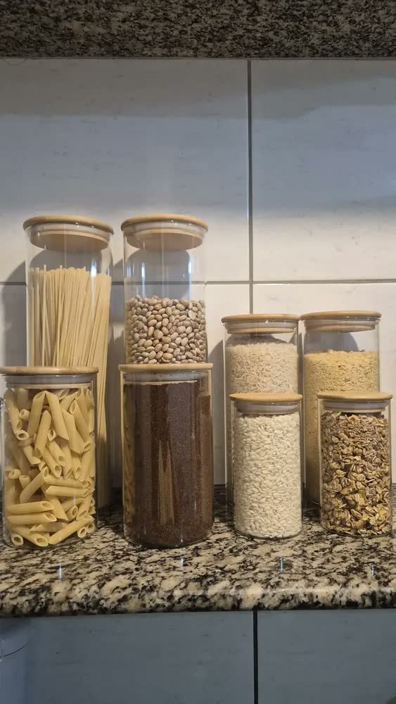 foto de Kit 10 Potes Herméticos Vidro Tampa Bambu Seiri Para Mantimentos Cozinha