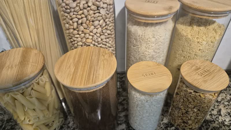 foto de Kit 10 Potes Herméticos Vidro Tampa Bambu Seiri Para Mantimentos Cozinha