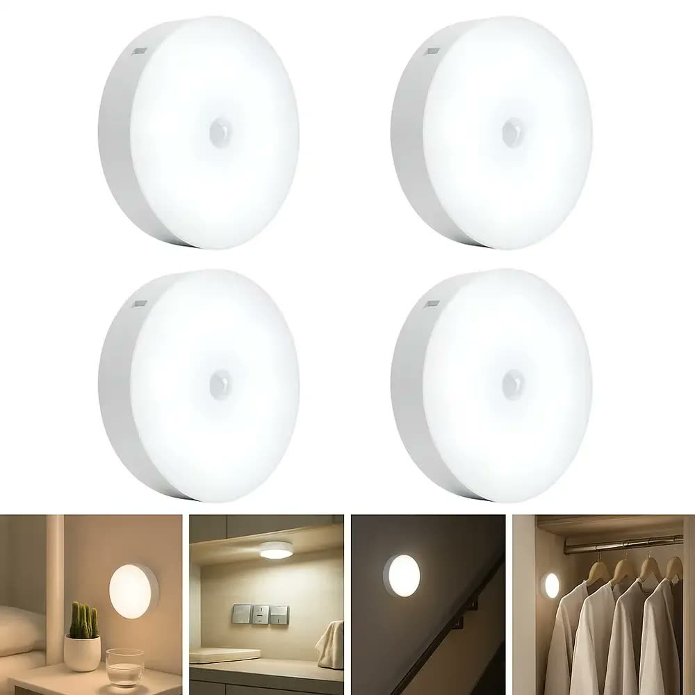 Kit 04 Luminária Led Recarregável Com Sensor De Movimento E Presença, Luz Noturna Automática Sem Fio Para Armário, Escada, Quarto E Parede Navi Navi
