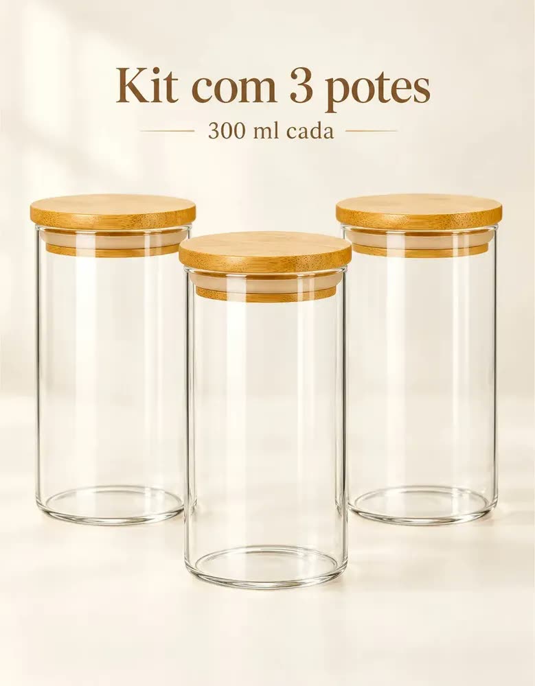 foto de Kit 3 Potes Tampa De Bambu 300ml Hermético Vidro Borossilicato Porta Temperos Mantimentos Alimentos Redondo Transparente Bravli
