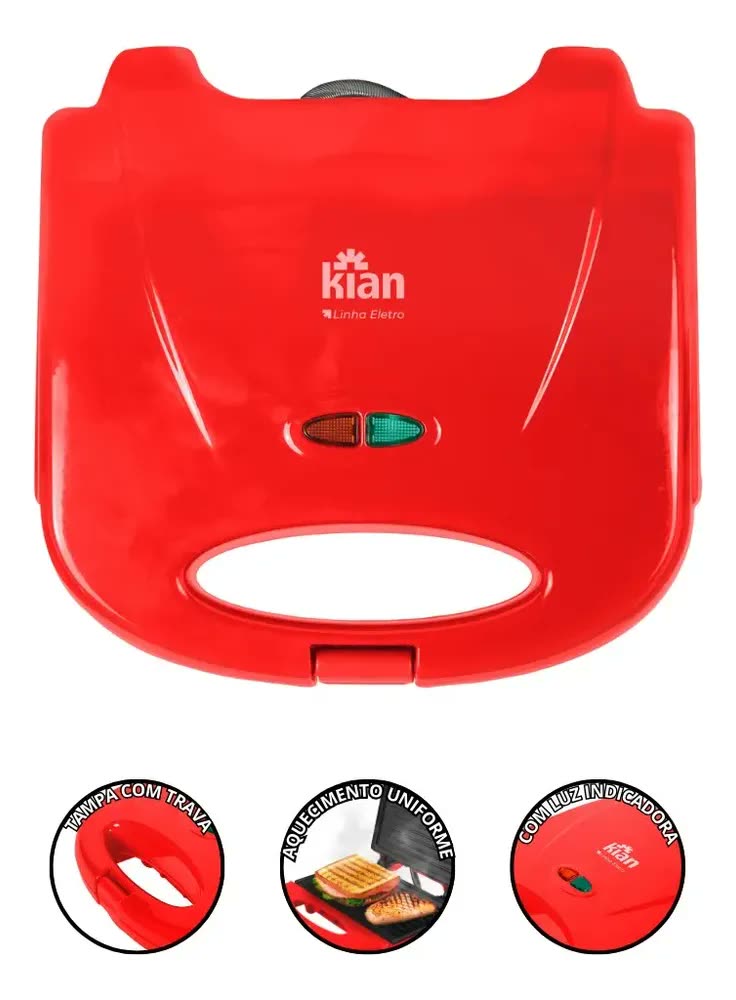 Sanduicheira Grill Elétrica Antiaderente 750w Potente Cor Vermelho