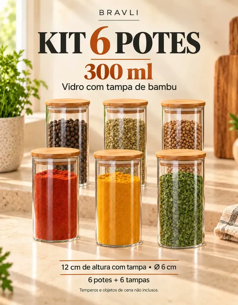 foto de Kit 6 Pote Tampa De Bambu 300ml Hermético Vidro Borossilicato Porta Temperos Mantimentos Alimentos Redondo Cor Transparente Bravli