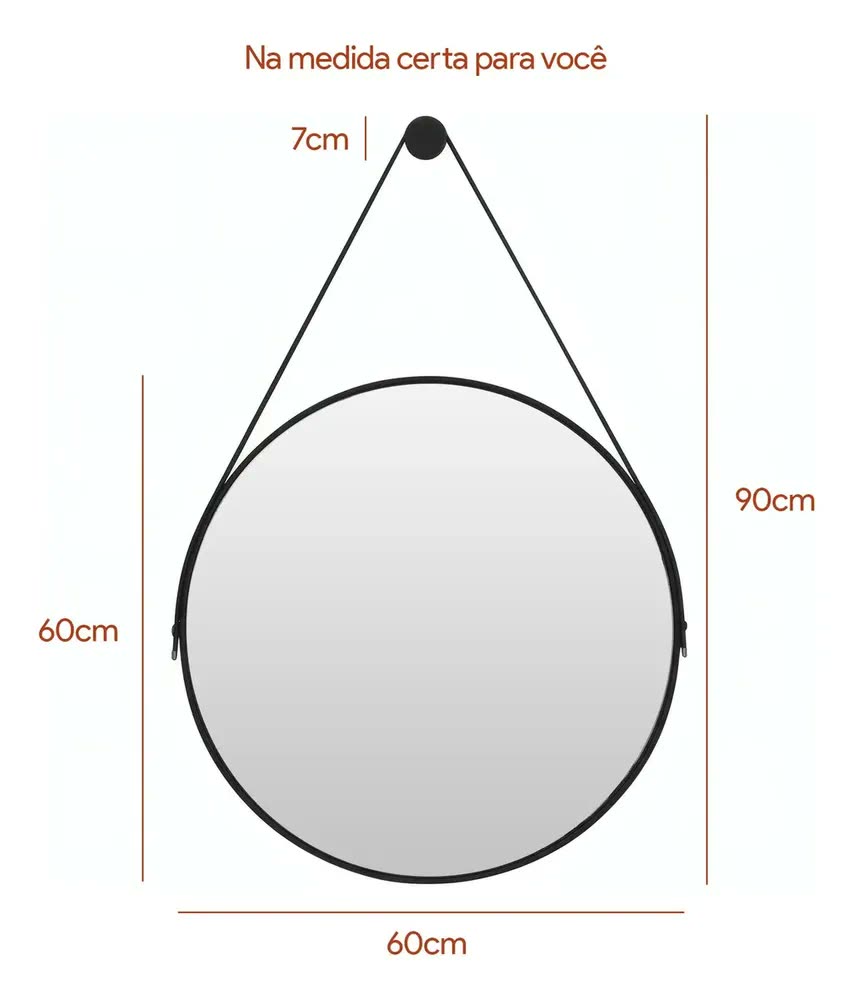 Espelho Redondo 60cm Adnet Alça de Couro Branco Dupla Costura e Suporte em Alumínio Quarto, Banheiro, Sala MF901