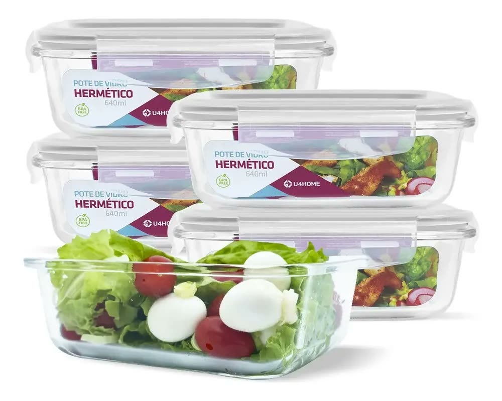 foto de Conjunto 5 Pote Vidro Hermético Marmita Tampa Plástico 640ml Cor Branco (QH)
