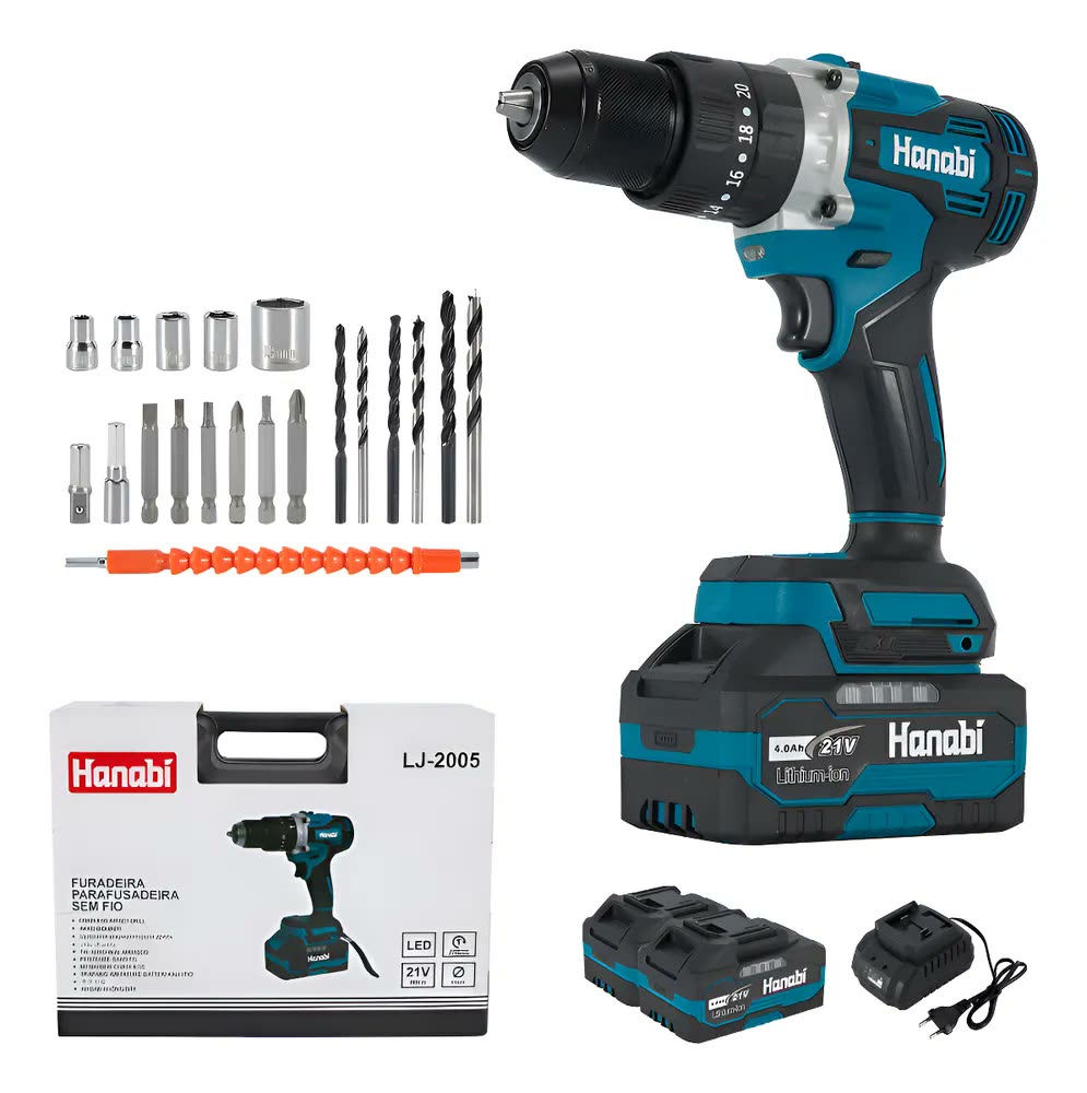 Parafusadeira Furadeira Impacto Hanabi JL-2005 80nm 13mm Brushless Sem Fio 2 Baterias 4.0Ah Cor Azul-petróleo Frequência 50hz / 60hz