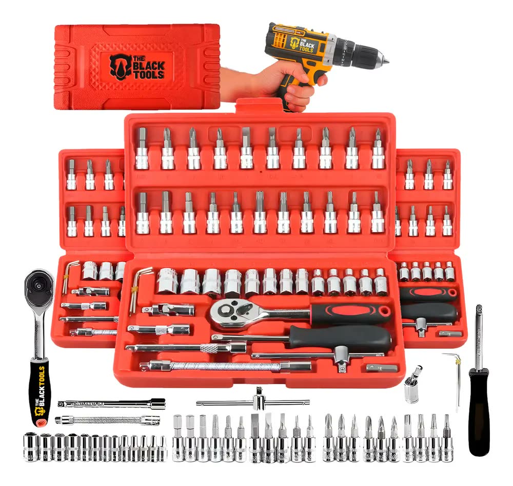 Jogo De Soquete Aço Crv 1/4 Catraca Chave Allen Kit Ferramentas C/ Maleta 46 Peças Fenda Philips Tks46 The Black Tools