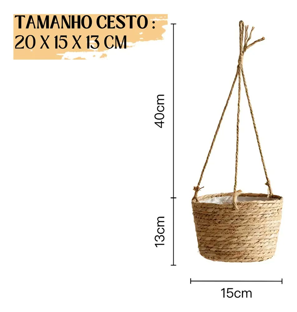 Cesto Vaso Cachepo De Palha Decorativo Sala Varanda Jardim Cor Palha Natural