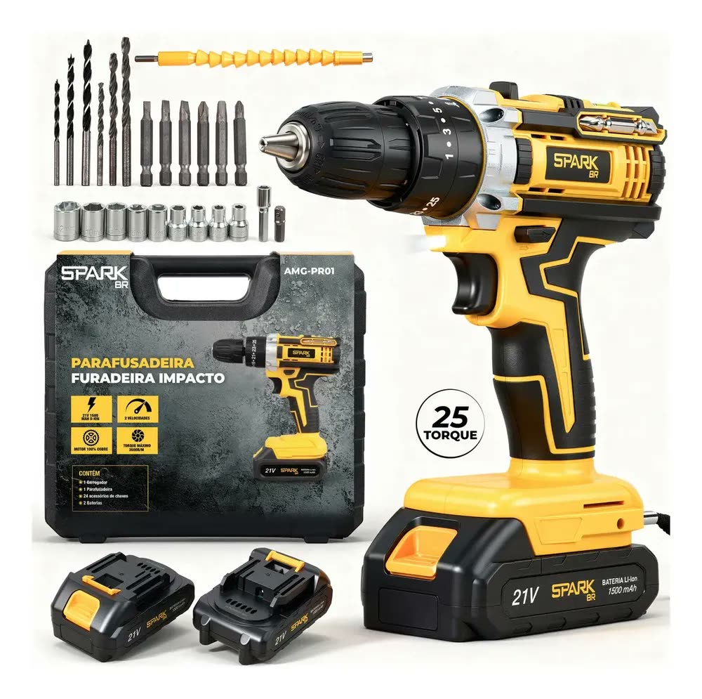 Parafusadeira Furadeira Sparkbr 2 Baterias 21v + Maleta Com Acessórios Kit Completo Led Eixo Flexível 2 Níveis Velocidade Torque
