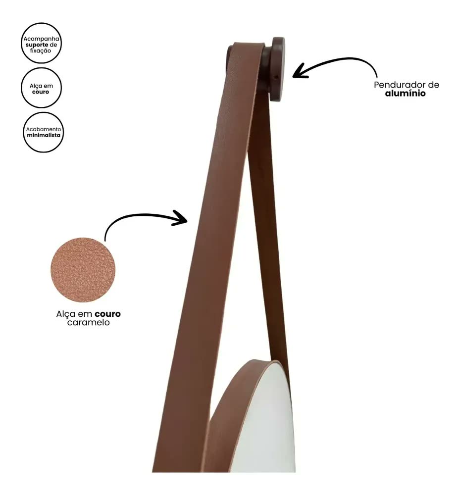 Espelho Redondo Adnet Decorativo com Alça e Moldura de Couro Caramelo de 70cm LYO
