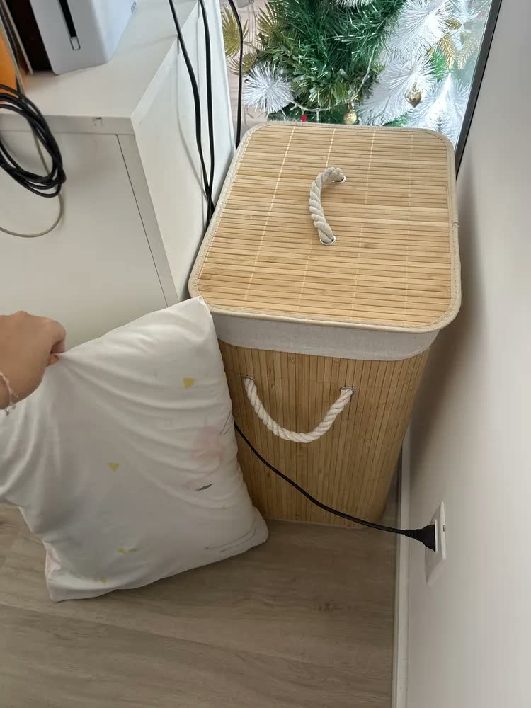 foto de Cesto para Roupas Bambu Dobrável com Tampa Bege 60L Texfine