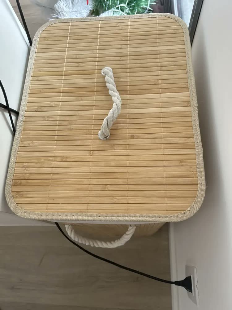 foto de Cesto para Roupas Bambu Dobrável com Tampa Bege 60L Texfine