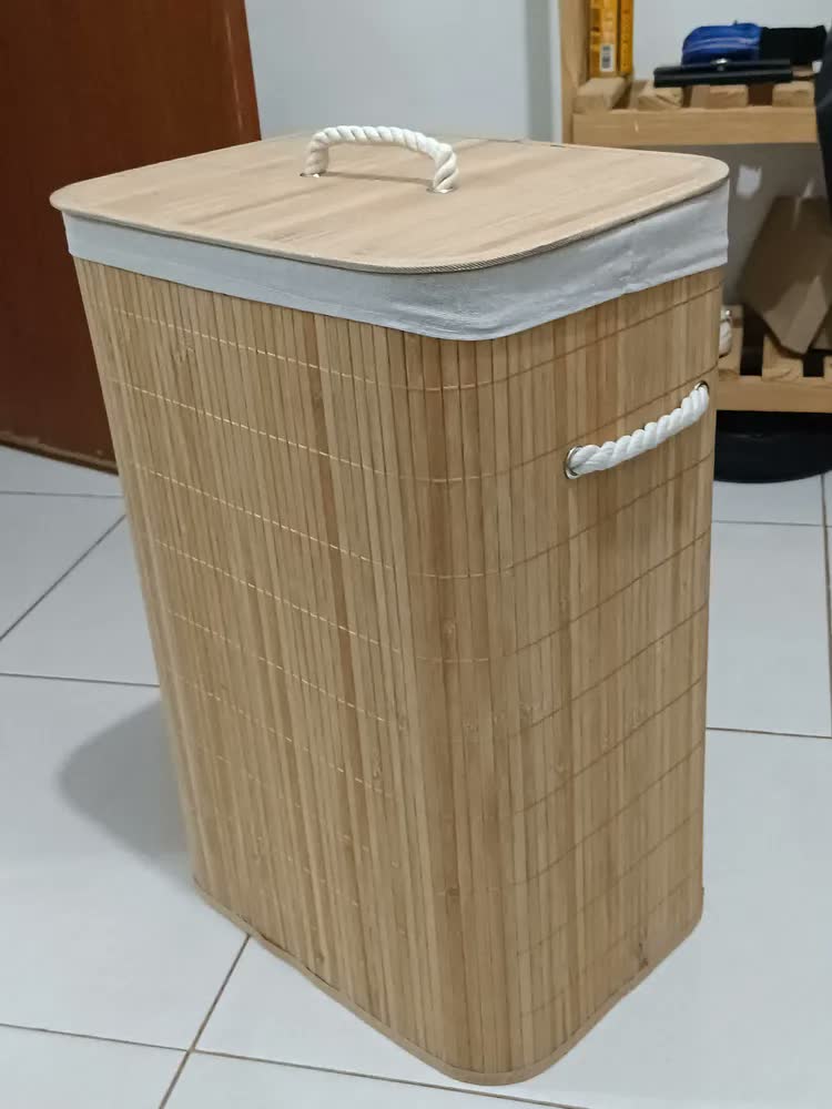 foto de Cesto para Roupas Bambu Dobrável com Tampa Bege 60L Texfine