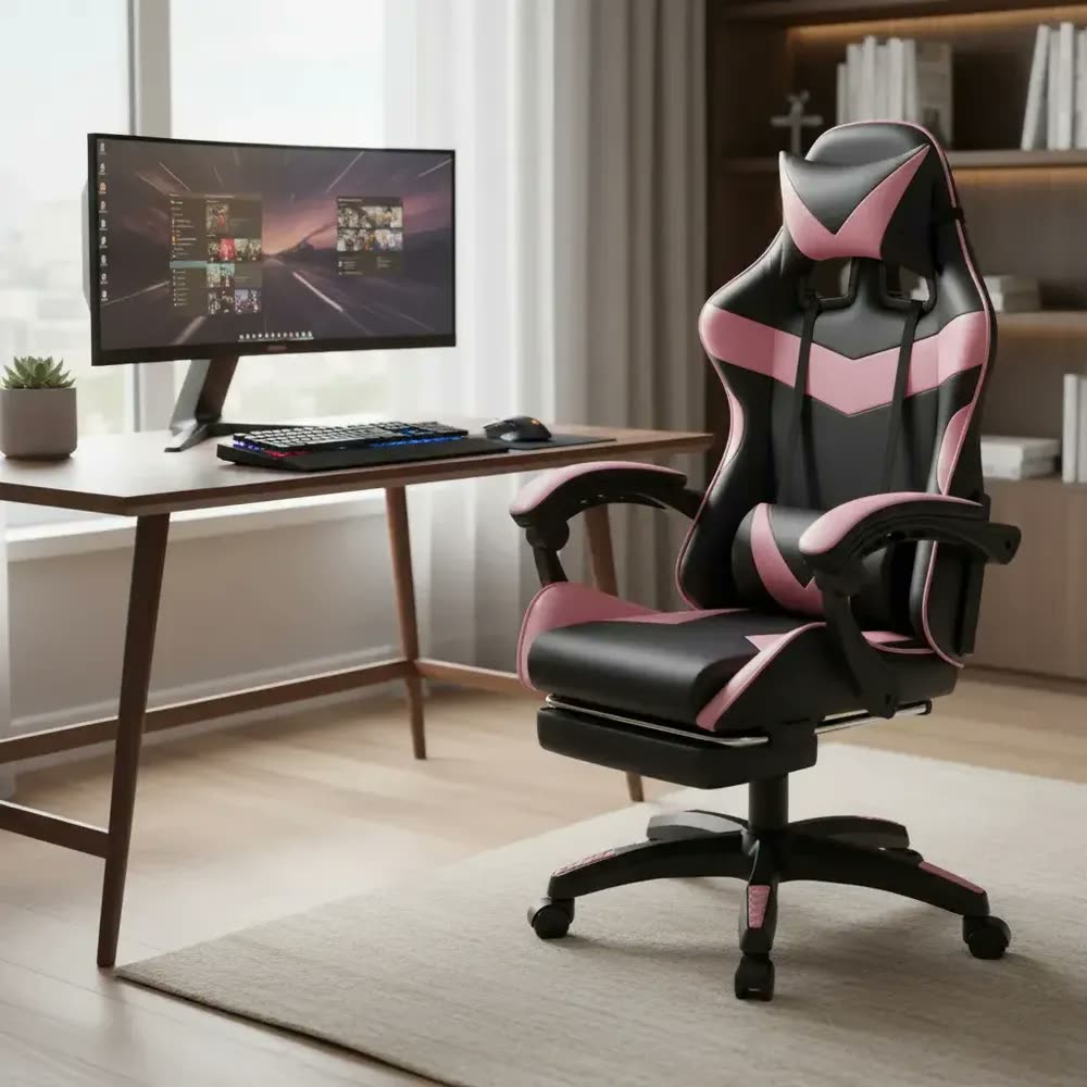 Cadeira De Escritório Gamer Nitro Ergonômica Estofado Couro Sintético Reclinável Altura Ajustável Apoio Para Pés Cor Rosa Luvinco