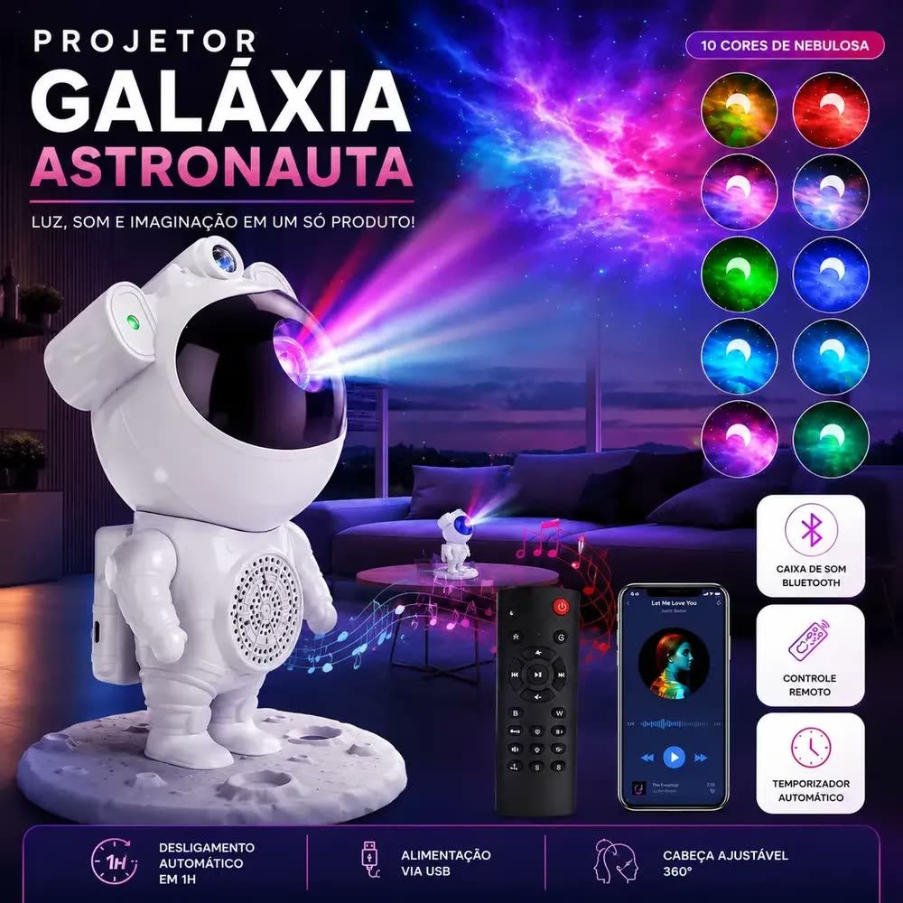 Luminária De Mesa Astronauta Caixa Som Bluetooth Luminária Abajur Luz Noturna Teto Luz Galáxia Nebulosa Estrelas Com Controle Nebulosa Alto Falante Quarto Galáxia 110v/220v Bivolt Swave