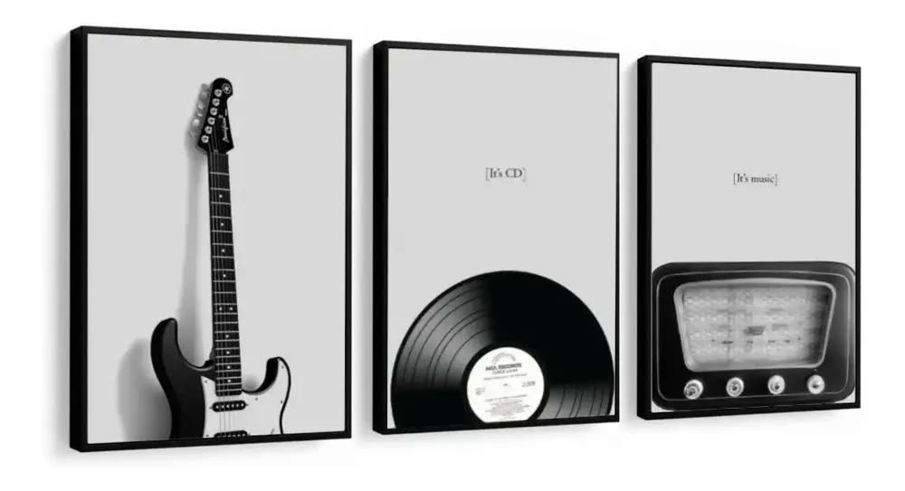 Quadro Decorativo Rock Guitarra Vinil Radio Música Lindo Top Preto E Branco Preto