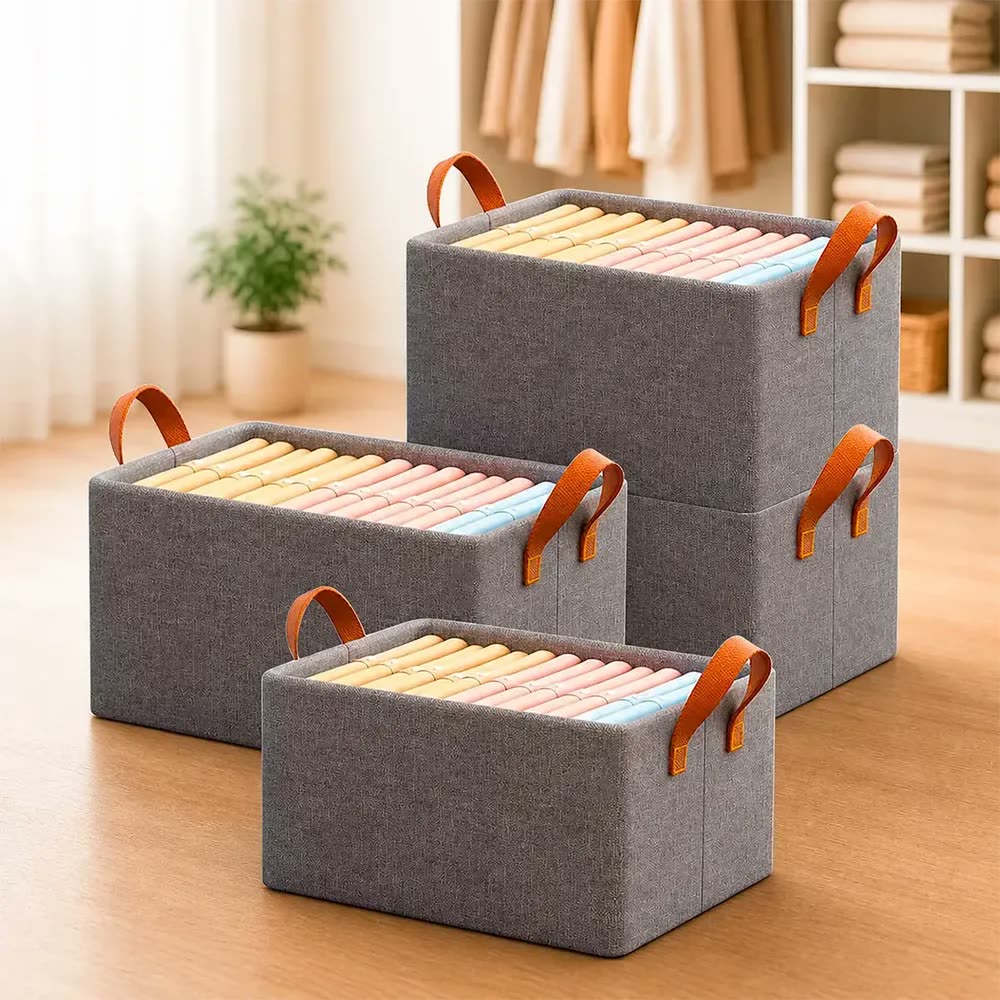 Arminini Kit 4 Caixas Organizadoras Dobráveis Para Guarda-Roupa Closet Armário Cesto Organizador de Roupas em Tecido Poliéster Reforçado com Alças