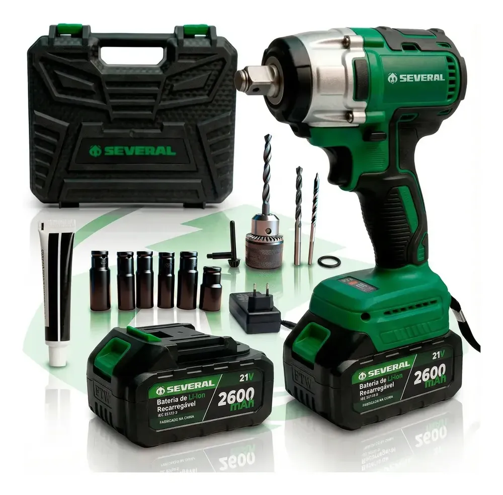 foto de Chave De Impacto Parafusadeira Furadeira Recarregável 21v Several 2600mah Maleta Ferramentas Verde