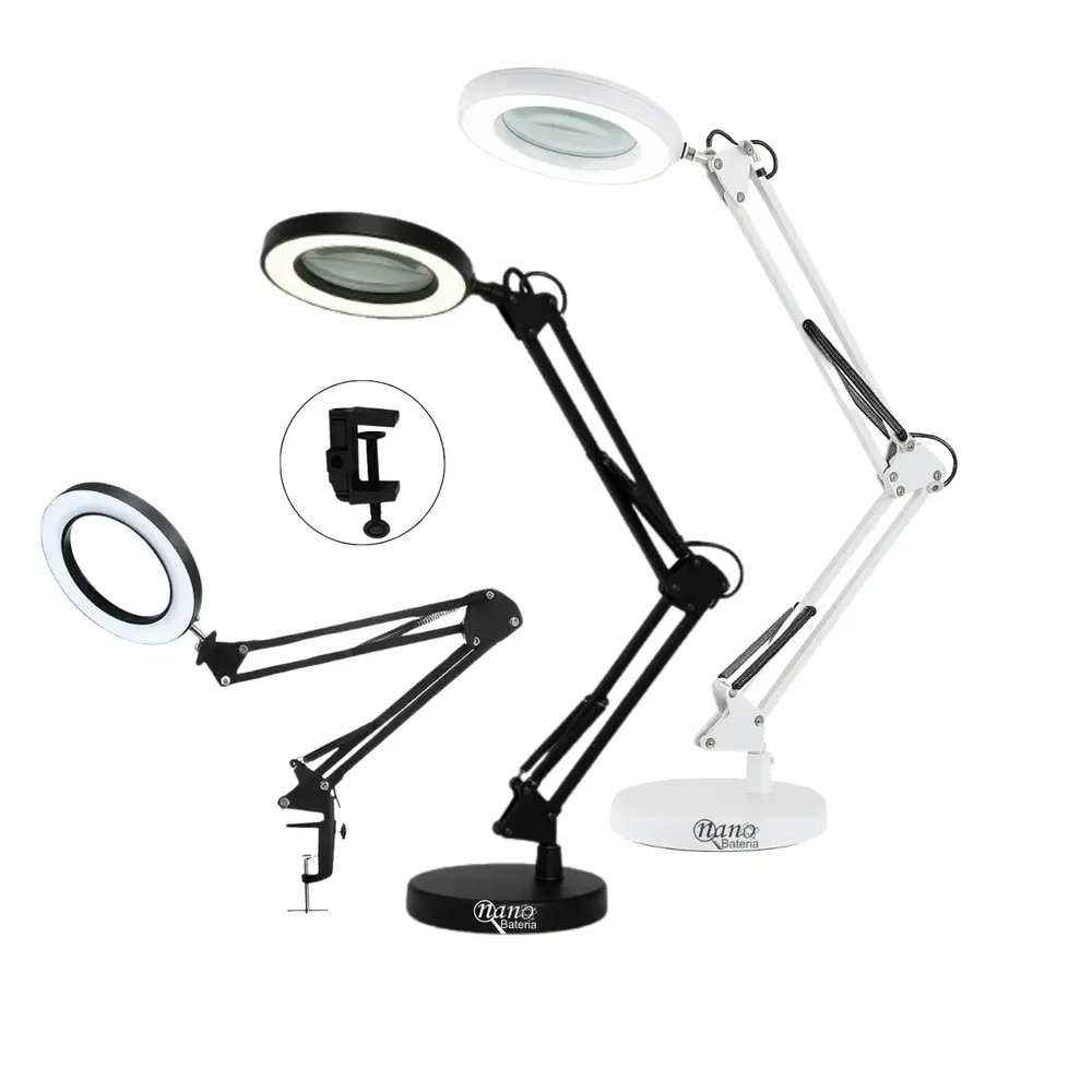 Luminária Lupa Estética Profissional Ring Light Mesa Bancada Cor Preto Nano Bateria