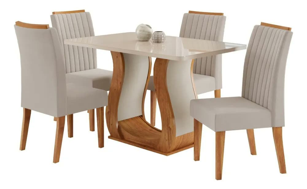 Mesa De Jantar 120x80,7cm Tampo Com Vidro 4 Cadeiras Fg