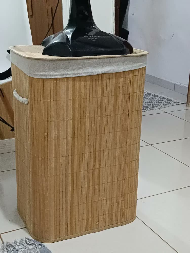foto de Cesto Bambu Ecológico Roupas Banheiro Lavanderia Multiuso Bege Redondo