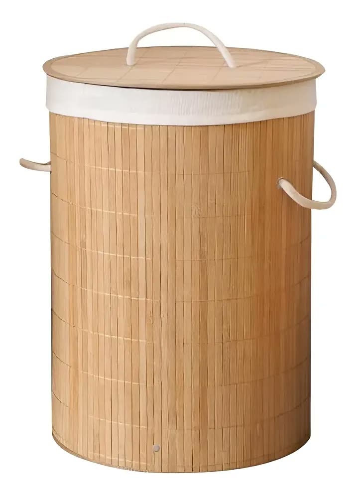foto de Cesto Bambu Ecológico Roupas Banheiro Lavanderia Multiuso Bege Redondo