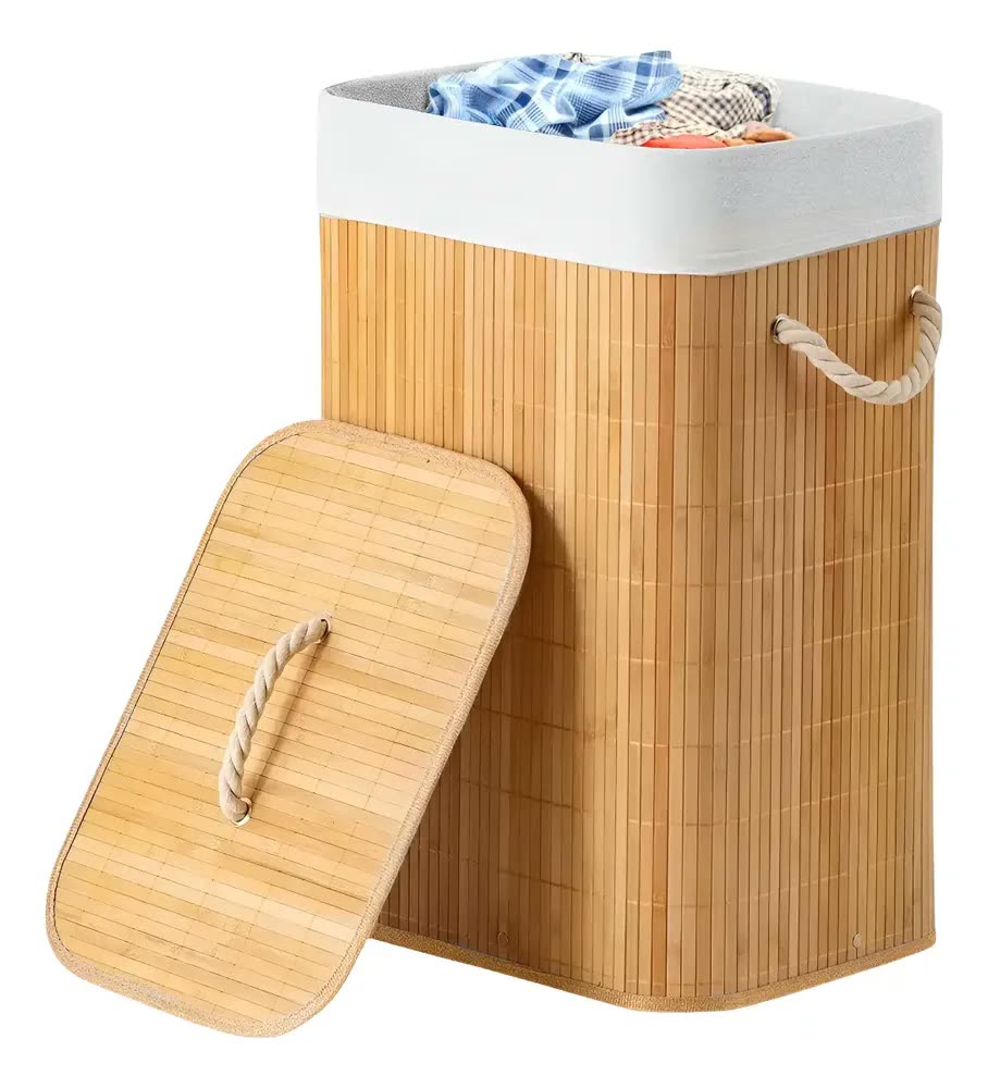 Cesto Retangular de Roupa Suja em Bambu com Tampa Dobrável – VithaShop