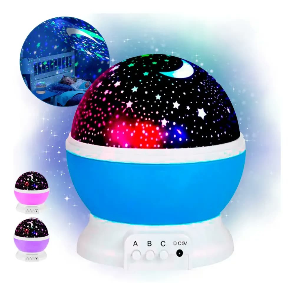 Projetor LED Giratório Estrelas e Lua Quarto Infantil Azul USB