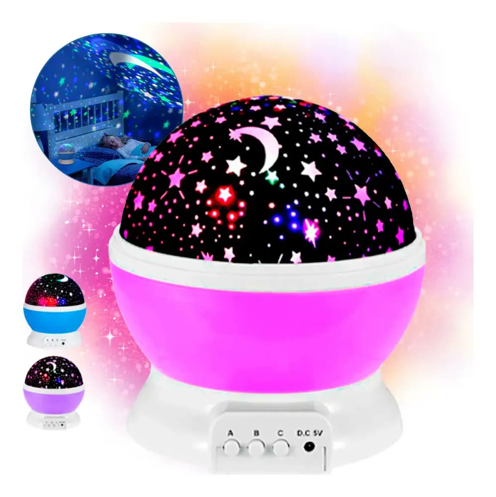 Luminária Projetora LED Estrelas e Lua para Quarto Infantil Rosa