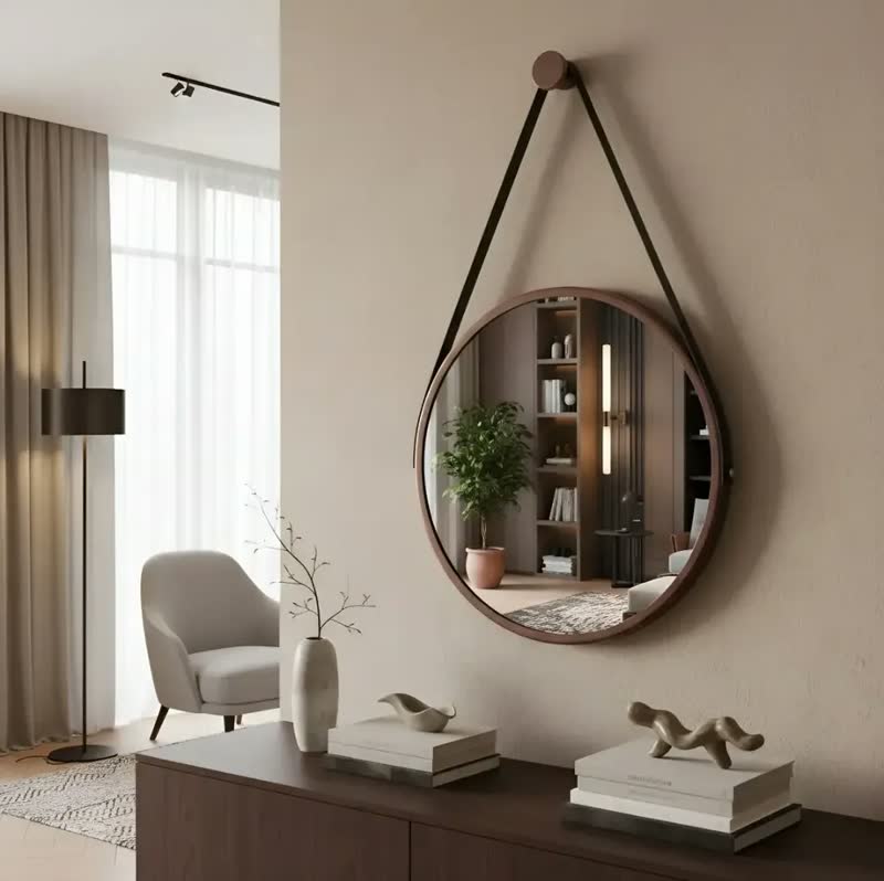 foto de Espelho Redondo Decorativo Suspenso Alça 60cm Cores Premium Moldura Dourado C/ Alça Preta