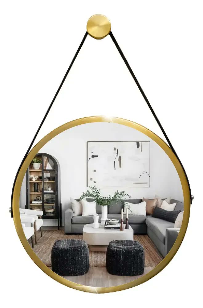 foto de Espelho Redondo Decorativo Suspenso Alça 60cm Cores Premium Moldura Dourado C/ Alça Preta