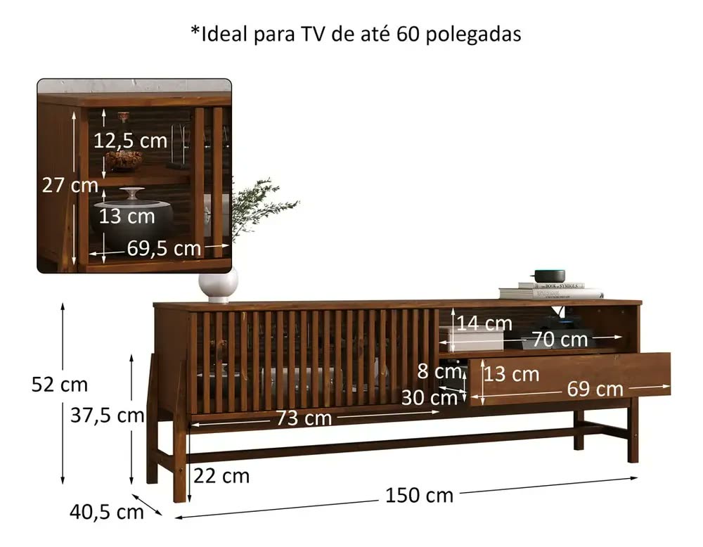 Rack Tv 65 Sala 145 Cm Ripado Madeira Castanho Adamo