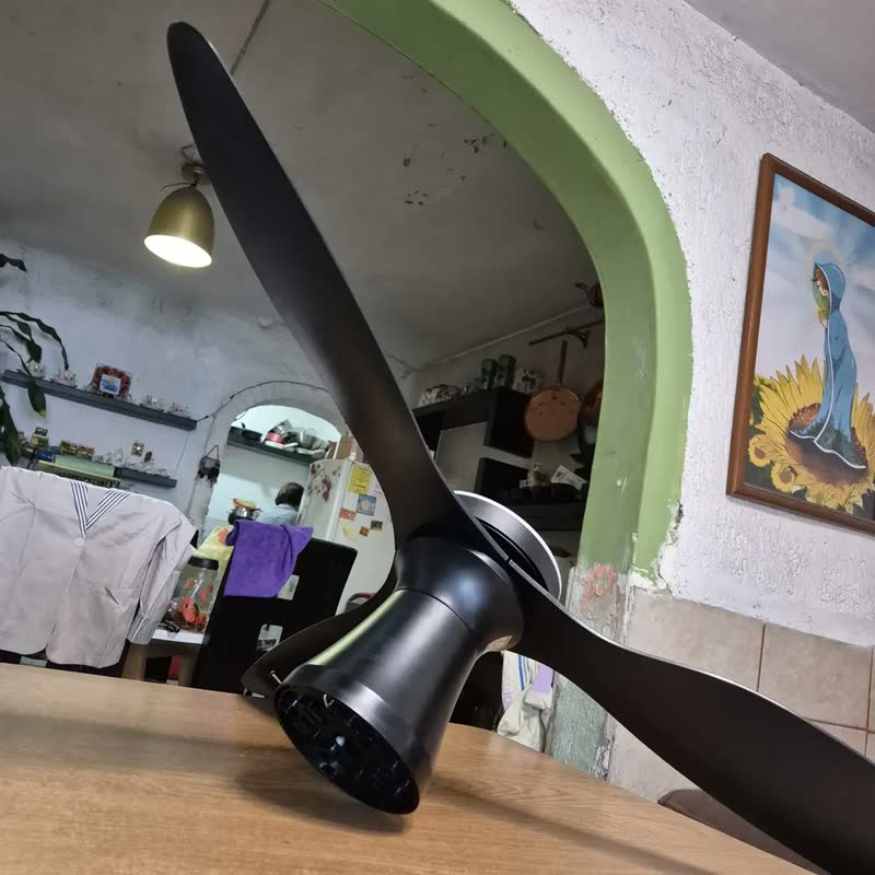 foto de Ventilador de teto moderno de 42 polegadas com luz e controle remoto, perfil baixo, 3 pás de acabamento duplo, motor DC silencioso e reversível, 3 cct+6 velocidades para ambientes internos/externos