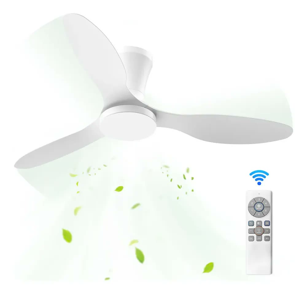 Ventilador de teto moderno de 42 polegadas com luz e controle remoto, perfil baixo, 3 pás de acabamento duplo, motor DC silencioso e reversível, 3 cct+6 velocidades para ambientes internos/externos