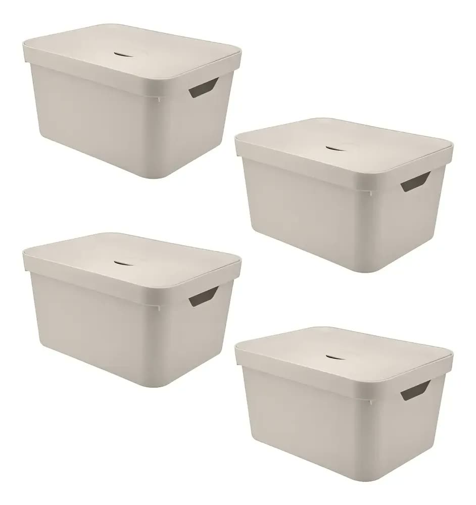 4x Caixa Plastica Multiuso 32l Organizadora Ou Cube Bege