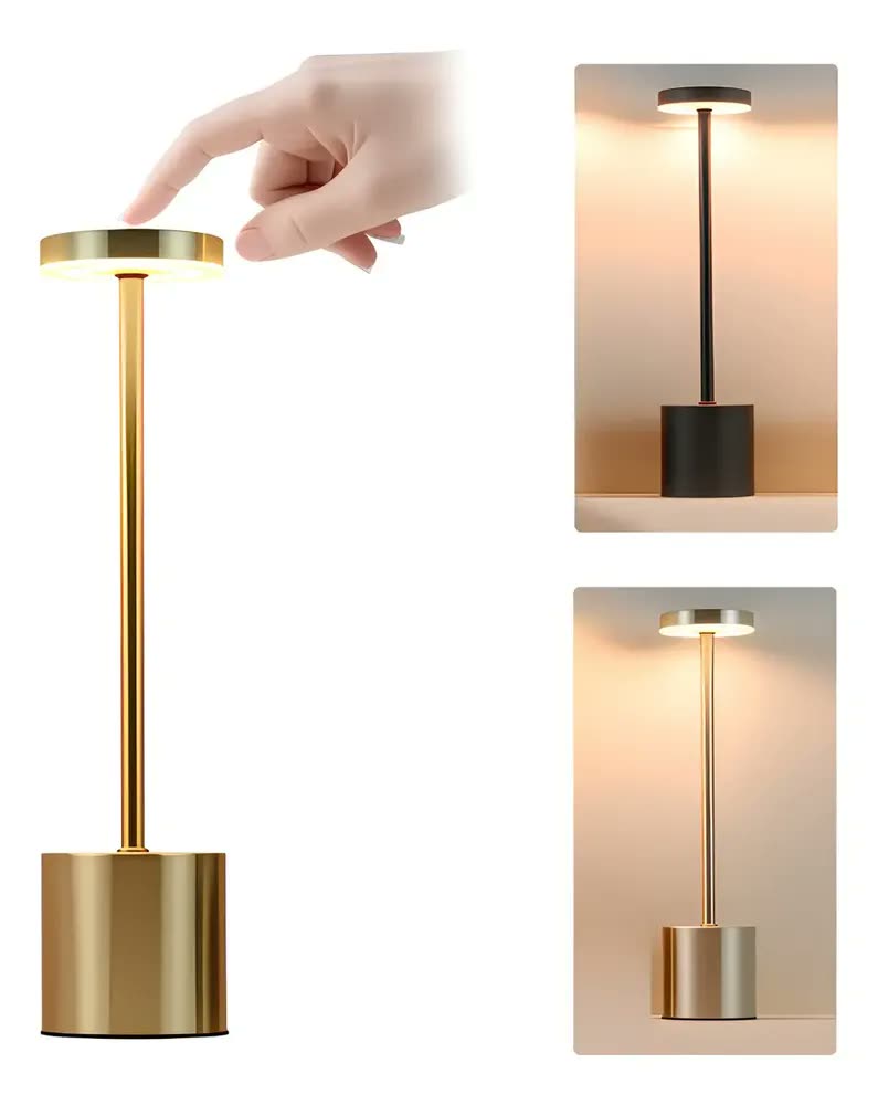 Luminária de Mesa LED Dourada Com 3 Cores e Recarregável Para Quarto